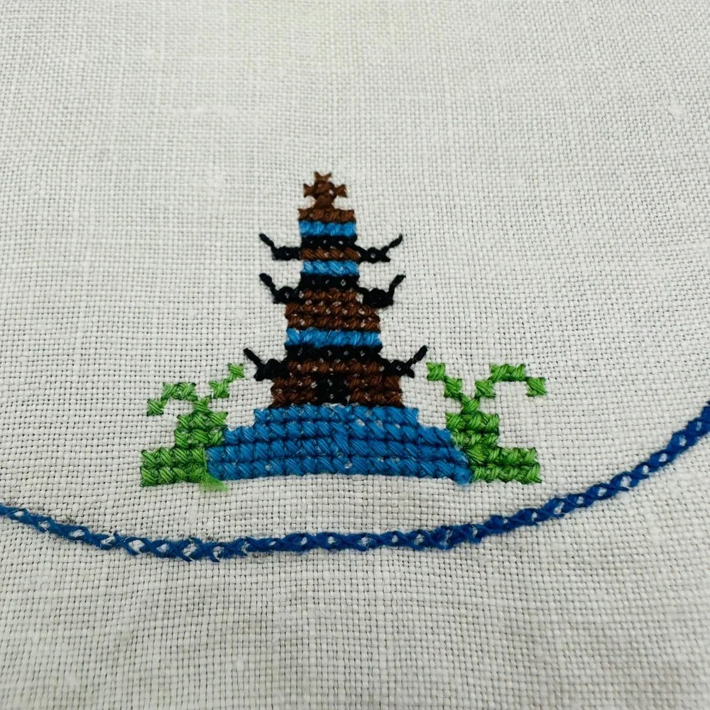 Vintage Hand Embroidered Pagoda Round Linen Doily Blue White 7 Inch
